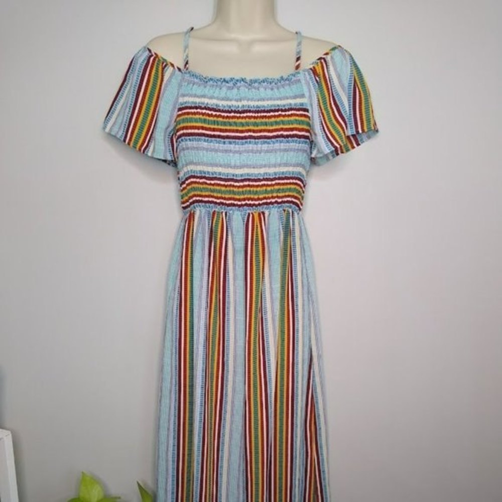 Monteau Los Angeles Multicolor Stripe Off-Shoulder Maxi Dress Small